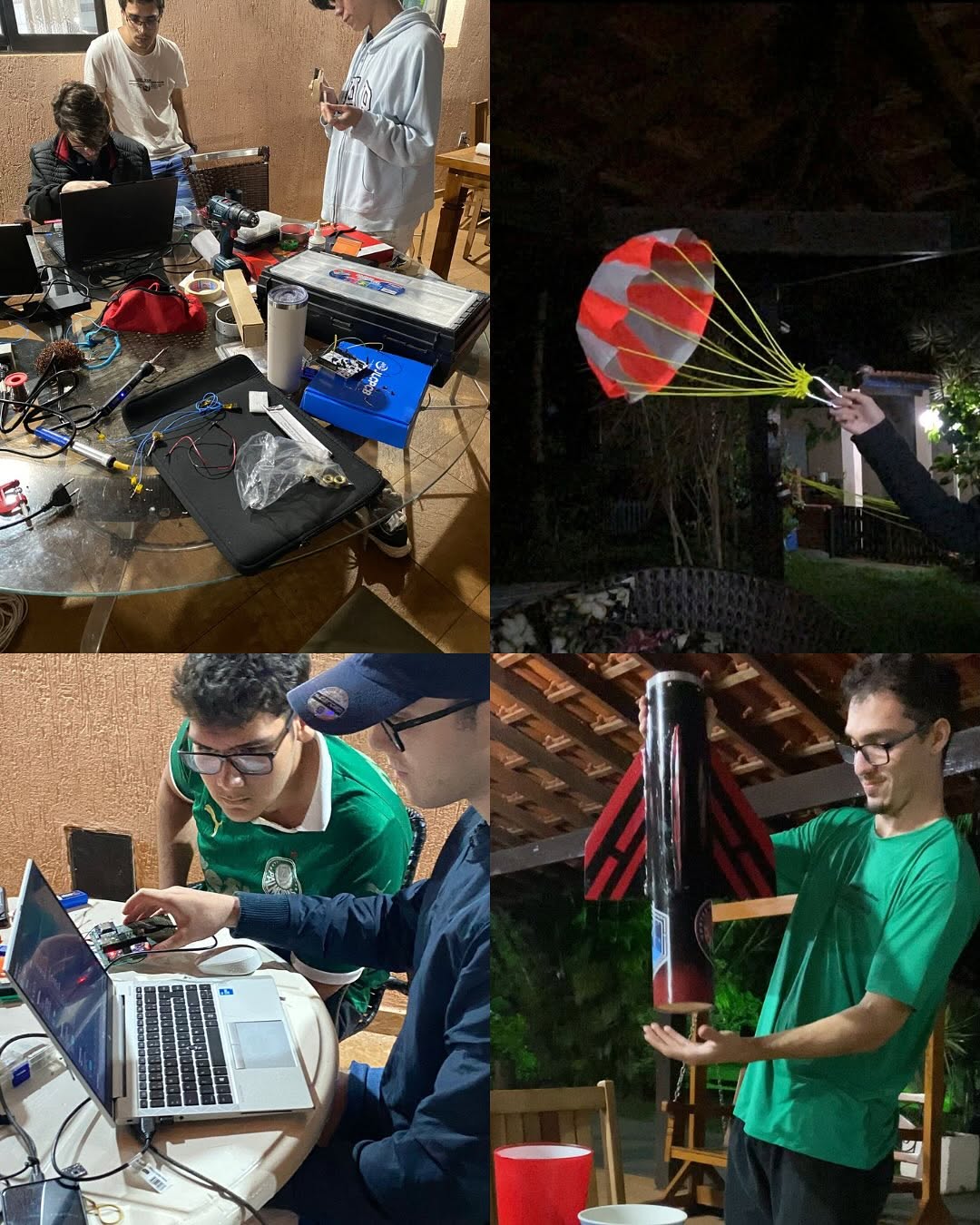 Foguete SRAD montado, segurado pela equipe durante a integração