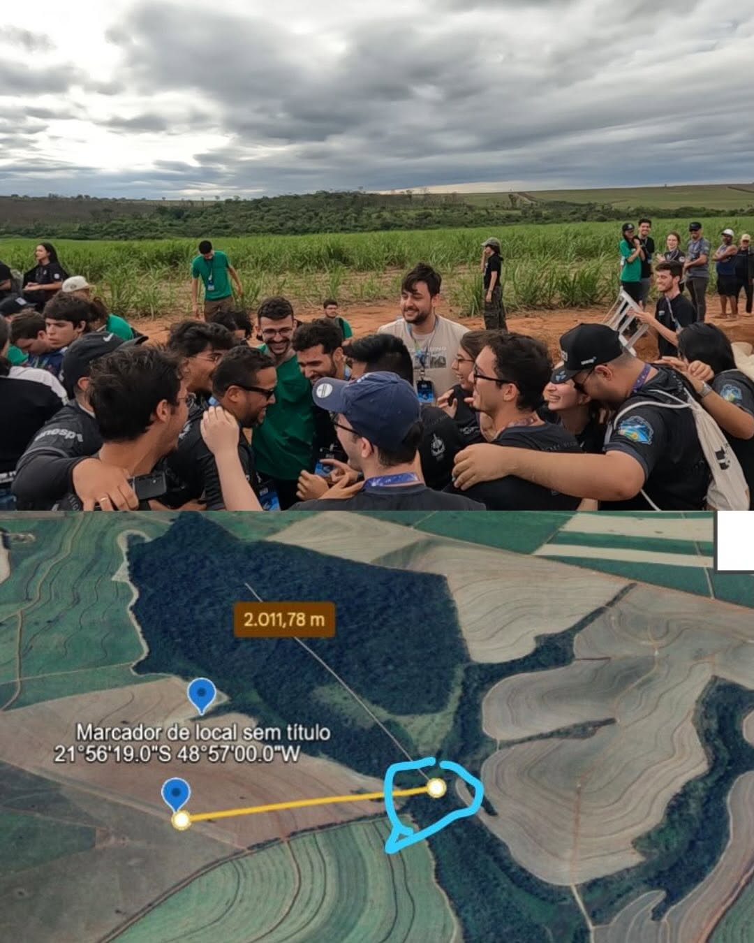 Equipe comemorando a recuperação do foguete VOID a 2.011,78 m do ponto de lançamento